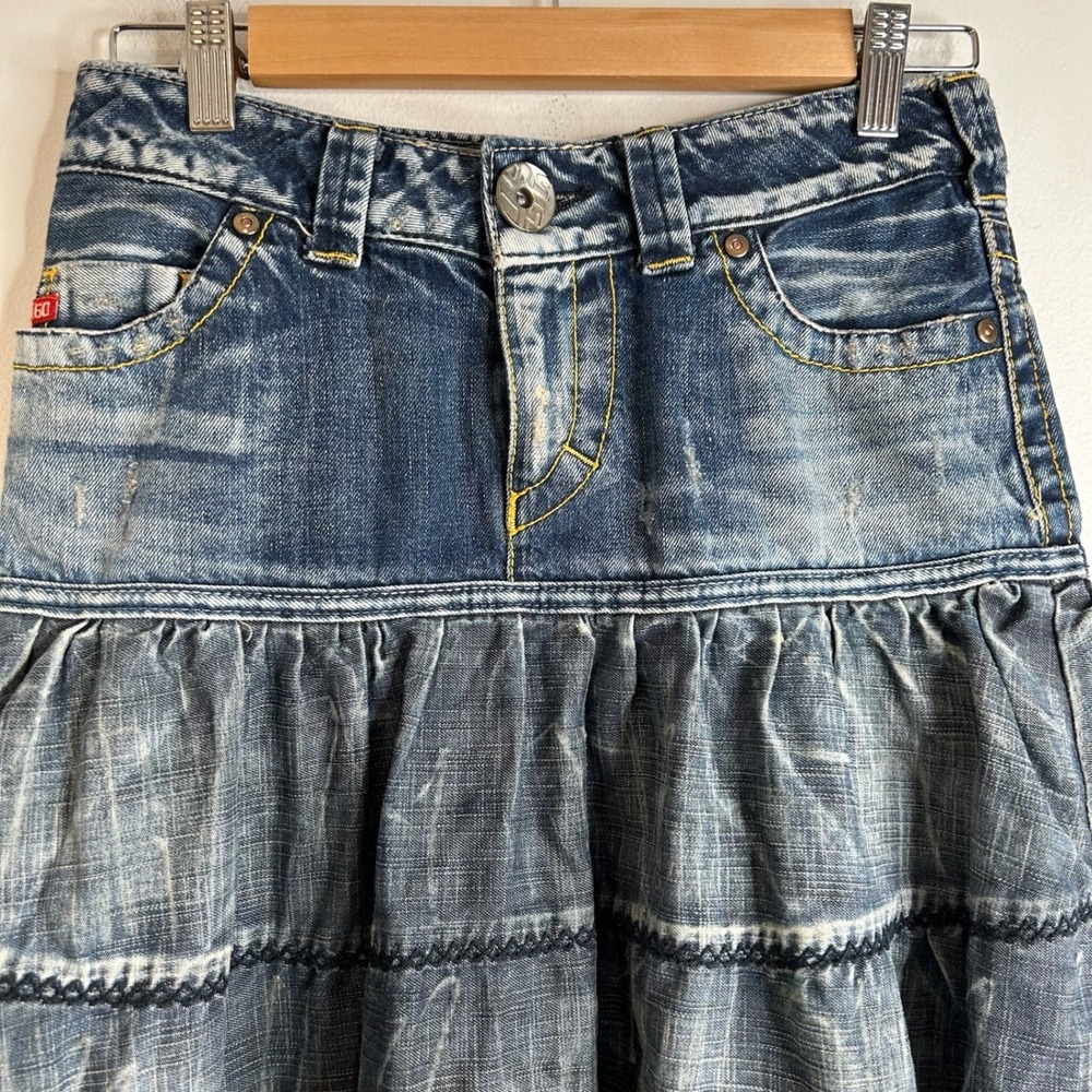 VTG Miss Sixty M60 Denim Tiered Midi Skirt XS Distressed Boho Festival Y2K 90s - Picture 2 of 10